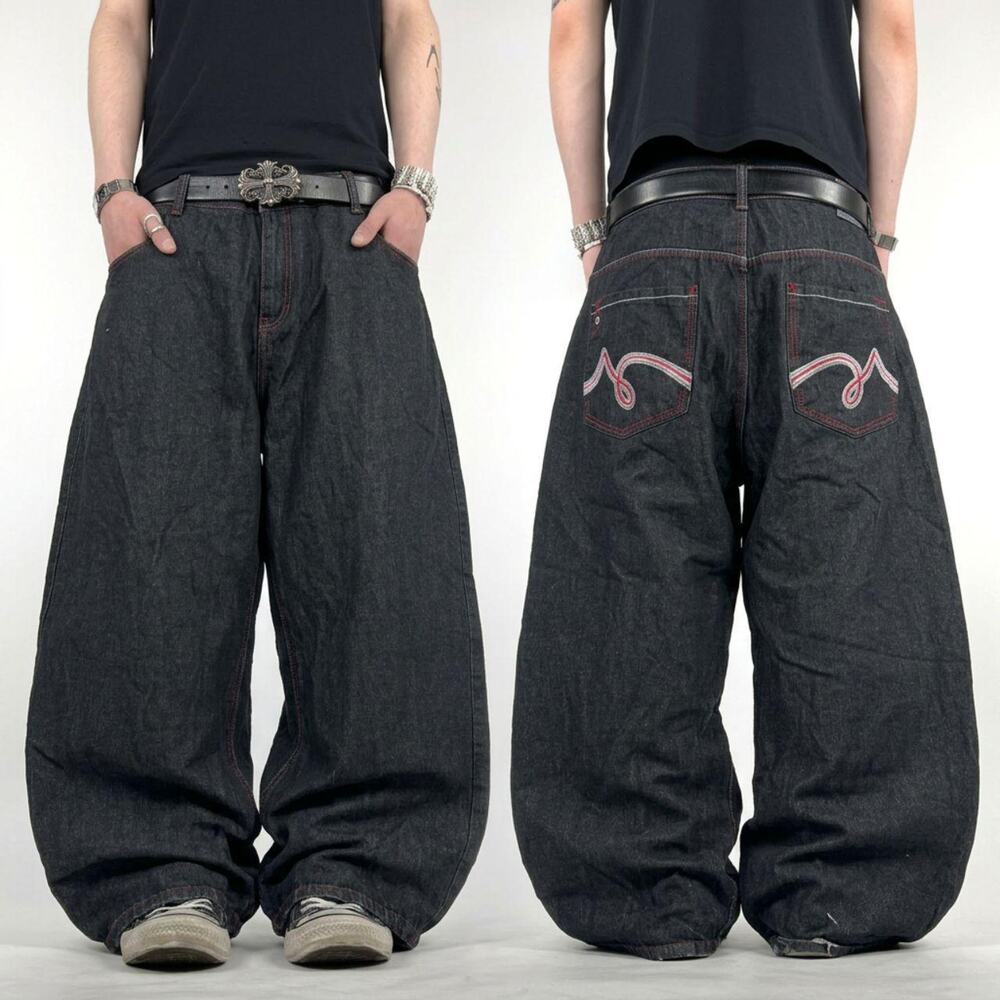 Vintage y2k embroidered faded grey cyber grunge baggy wide leg jeans